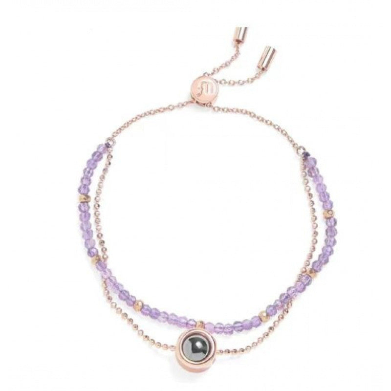 I Wear U  Engraved Projection Pebble Bracelet (Purple and Rose Gold)